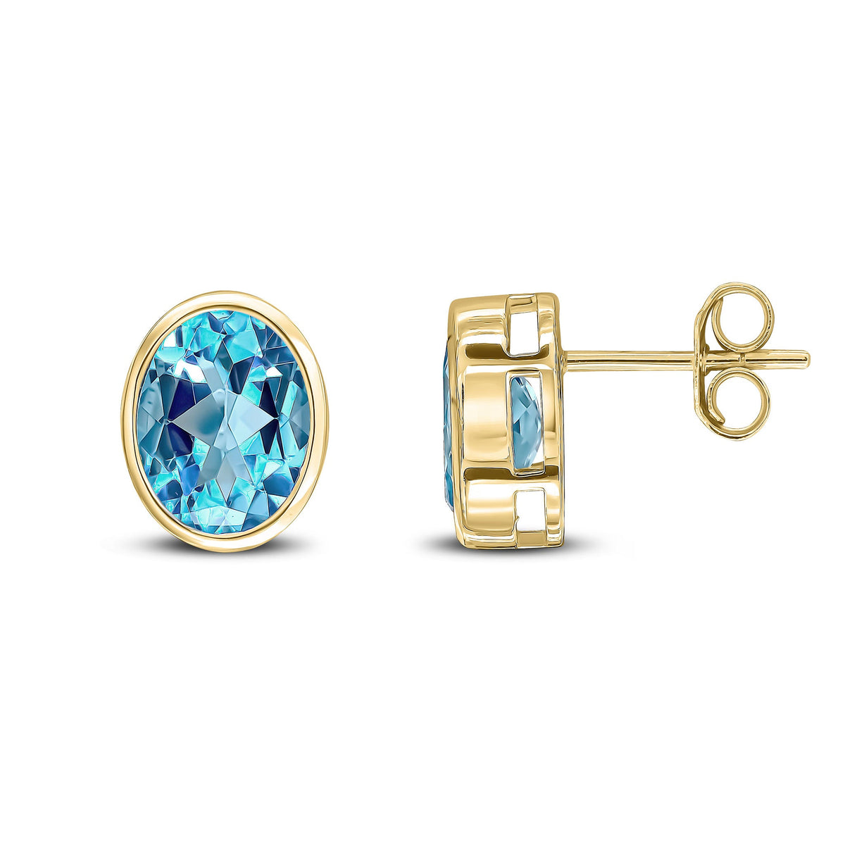 9ct Yellow Gold Oval Natural Swiss Blue Topaz Rubover Stud Earrings — 9x7mm