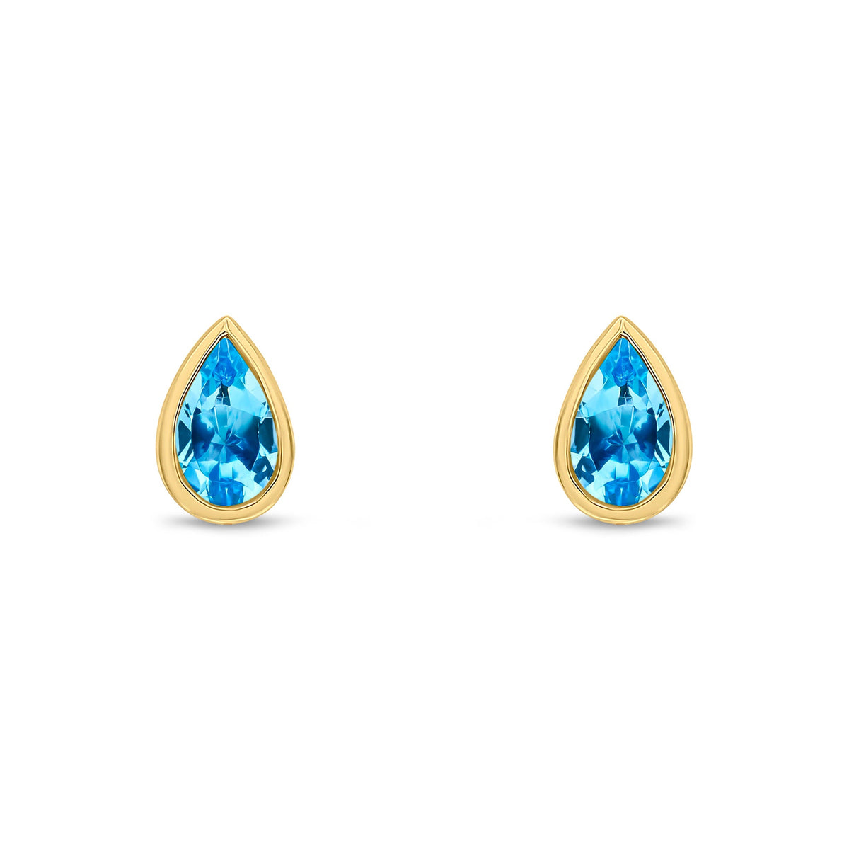 9ct Yellow Gold Pear Shaped Natural Swiss Blue Topaz Rubover Stud Earrings — 5x3mm
