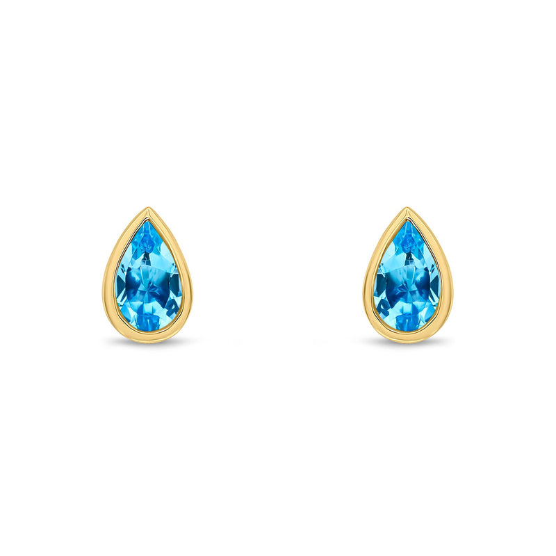 9ct Yellow Gold Pear Shaped Natural Swiss Blue Topaz Rubover Stud Earrings — 5x3mm