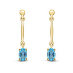 9ct Yellow Gold Oval Natural Swiss Blue Topaz Claw Bar Drop Earrings — 6x4mm