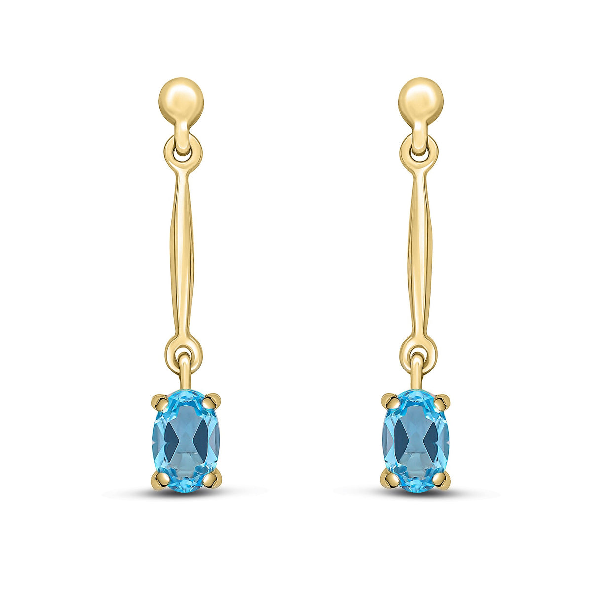 9ct Yellow Gold Oval Natural Swiss Blue Topaz Claw Bar Drop Earrings — 6x4mm