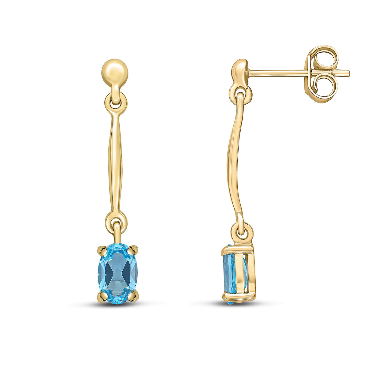 9ct Yellow Gold Oval Natural Swiss Blue Topaz Claw Bar Drop Earrings — 6x4mm