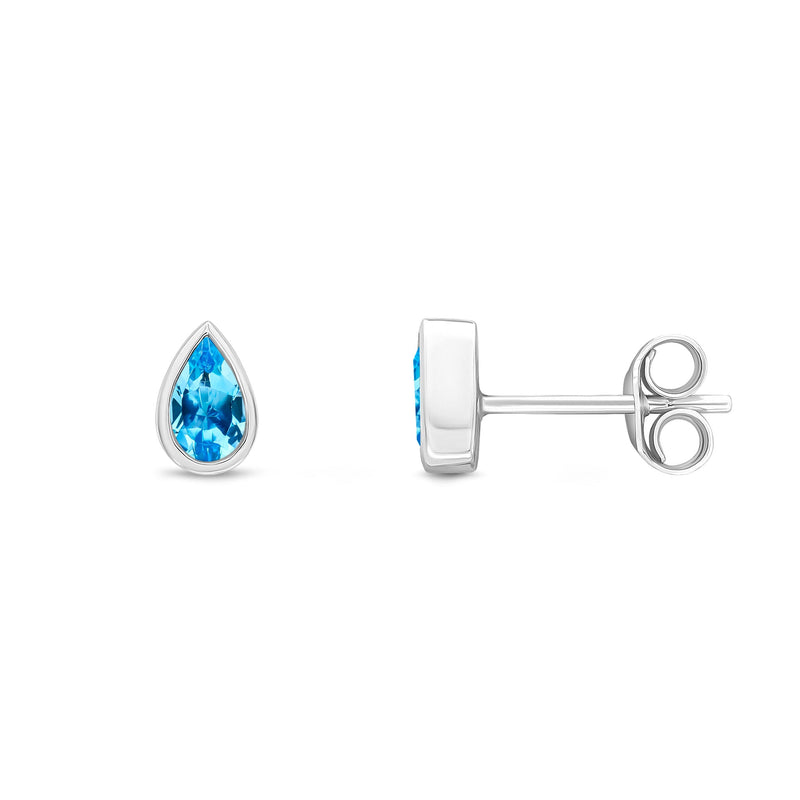 9ct White Gold Pear Shaped Natural Swiss Blue Topaz Rubover Stud Earrings — 5x3mm