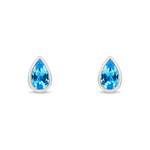 9ct White Gold Pear Shaped Natural Swiss Blue Topaz Rubover Stud Earrings — 5x3mm