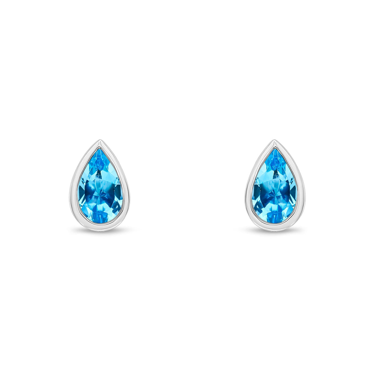 9ct White Gold Pear Shaped Natural Swiss Blue Topaz Rubover Stud Earrings — 5x3mm