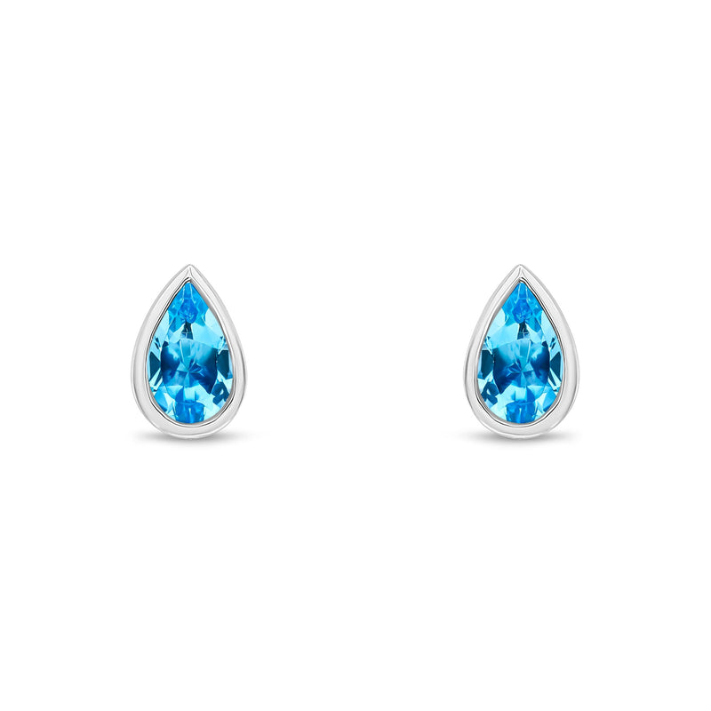 9ct White Gold Pear Shaped Natural Swiss Blue Topaz Rubover Stud Earrings — 5x3mm