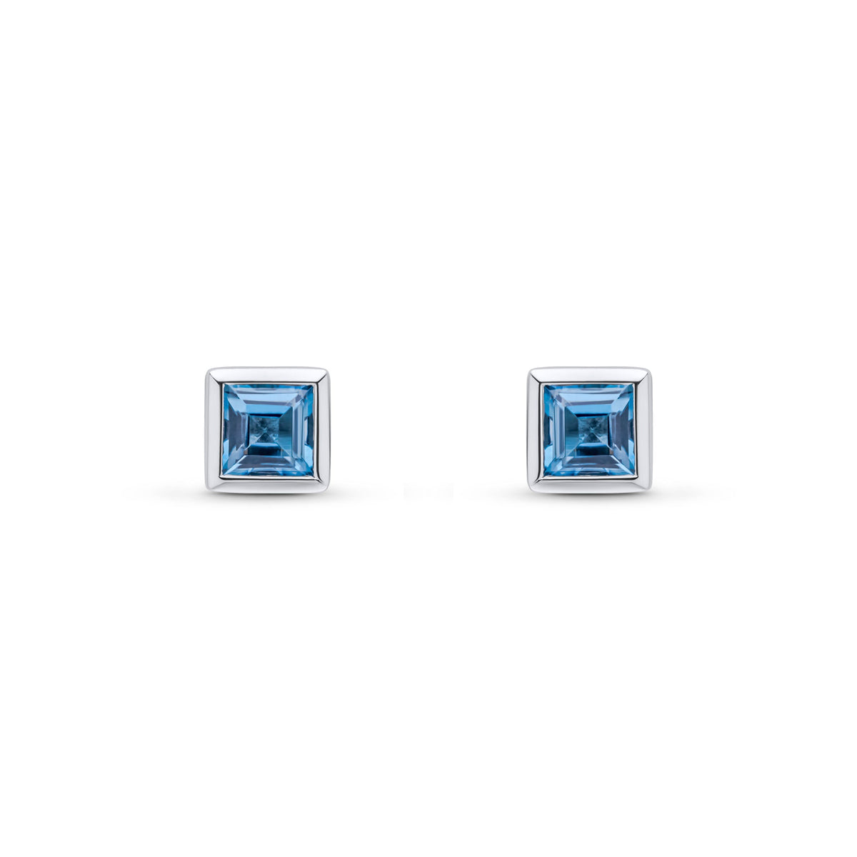 9ct White Gold Square Natural Swiss Blue Topaz Rubover Stud Earrings — 4mm