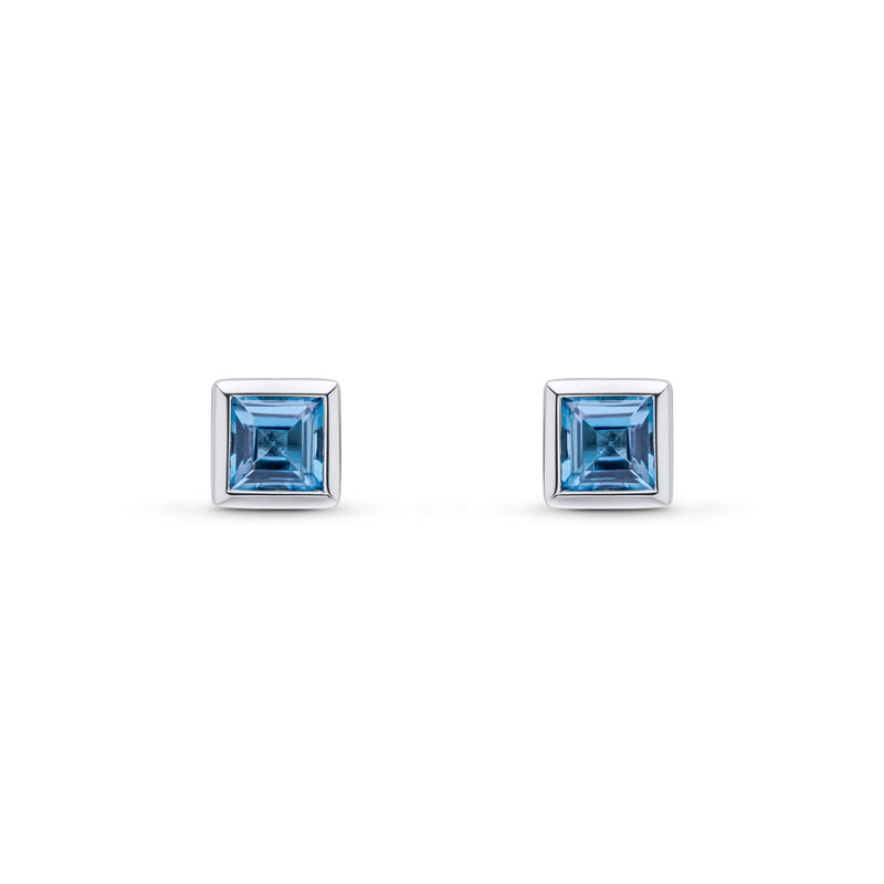 9ct White Gold Square Natural Swiss Blue Topaz Rubover Stud Earrings — 4mm