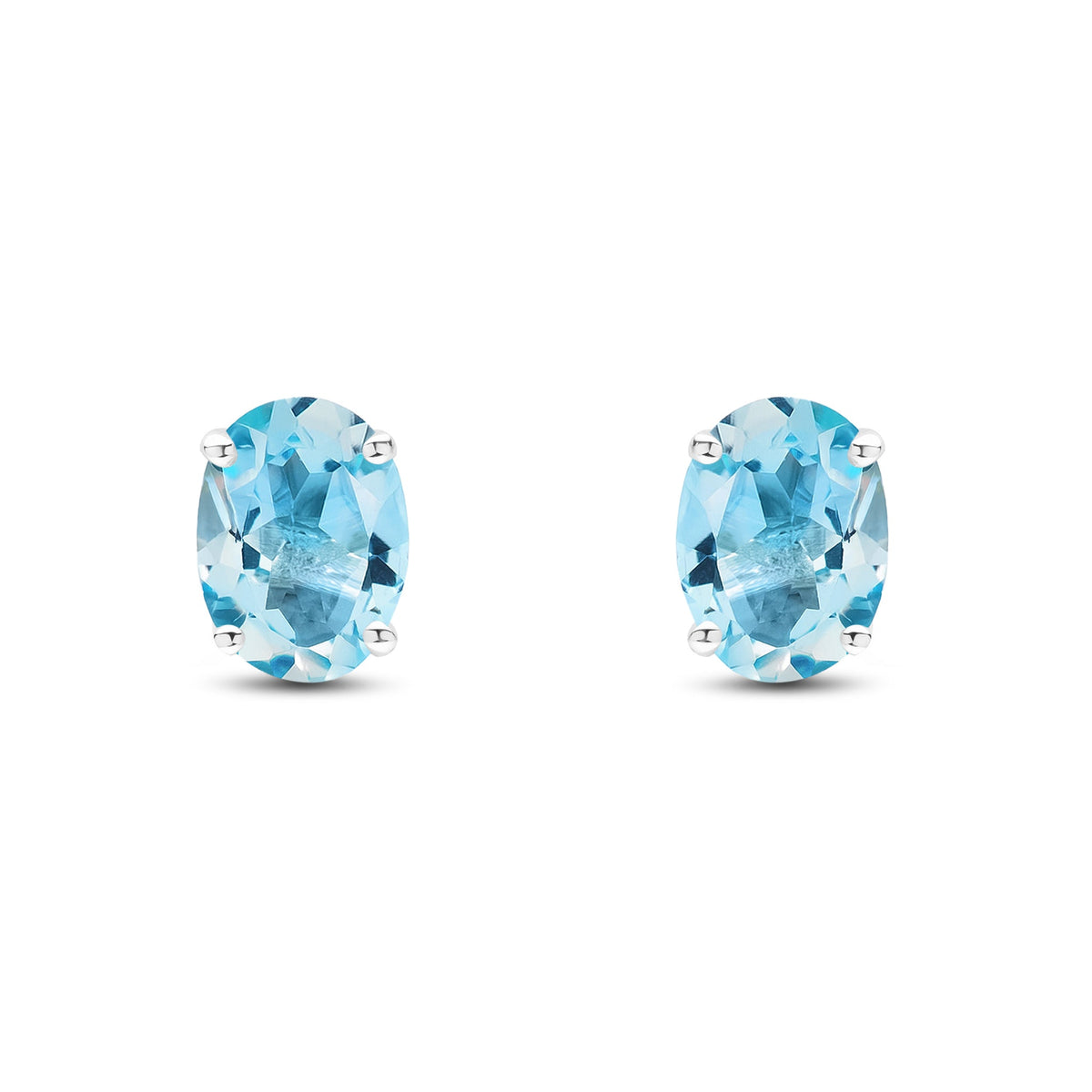 9ct White Gold Oval Natural Swiss Blue Topaz Claw Stud Earrings — 8x6mm
