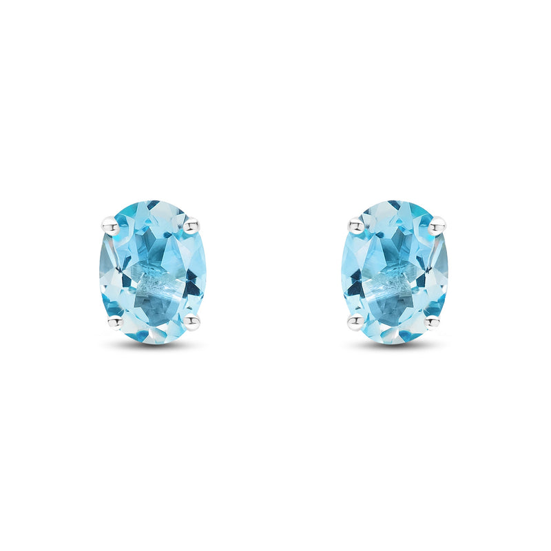 9ct White Gold Oval Natural Swiss Blue Topaz Claw Stud Earrings — 8x6mm
