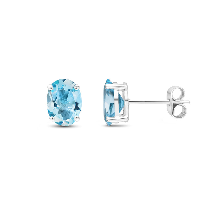 9ct White Gold Oval Natural Swiss Blue Topaz Claw Stud Earrings — 8x6mm