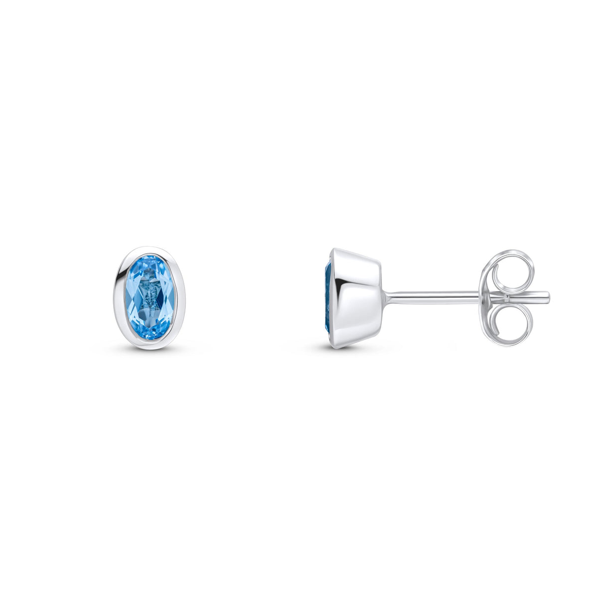 9ct White Gold Oval Natural Swiss Blue Topaz Rubover Stud Earrings — 5x3mm