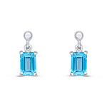 9ct White Gold Octagonal Emerald Cut Natural Swiss Blue Topaz Claw Drop Earrings — 6x4mm