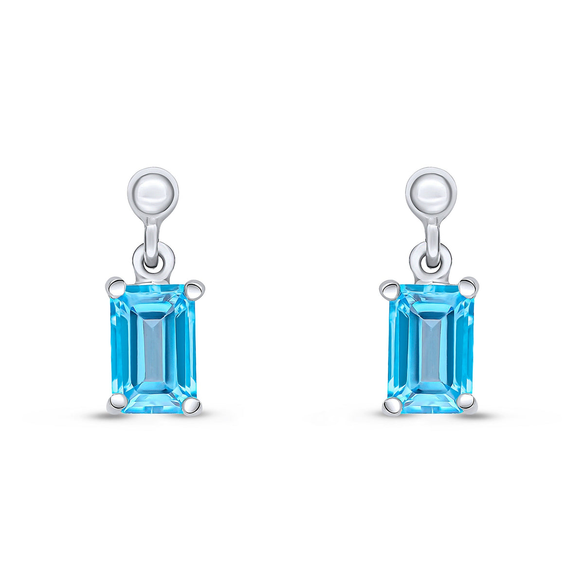 9ct White Gold Octagonal Emerald Cut Natural Swiss Blue Topaz Claw Drop Earrings — 6x4mm