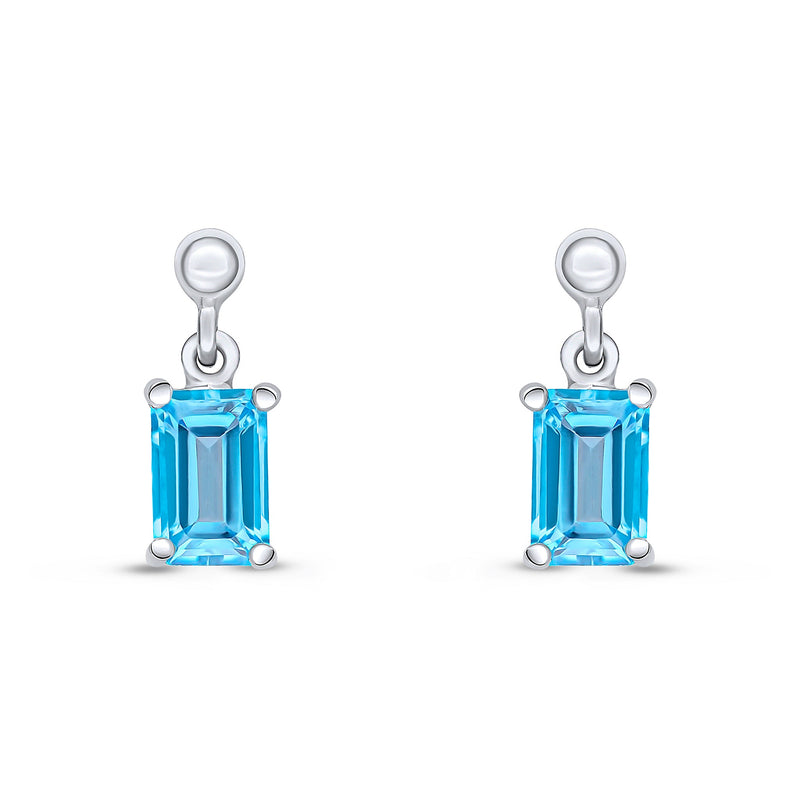 9ct White Gold Octagonal Emerald Cut Natural Swiss Blue Topaz Claw Drop Earrings — 6x4mm