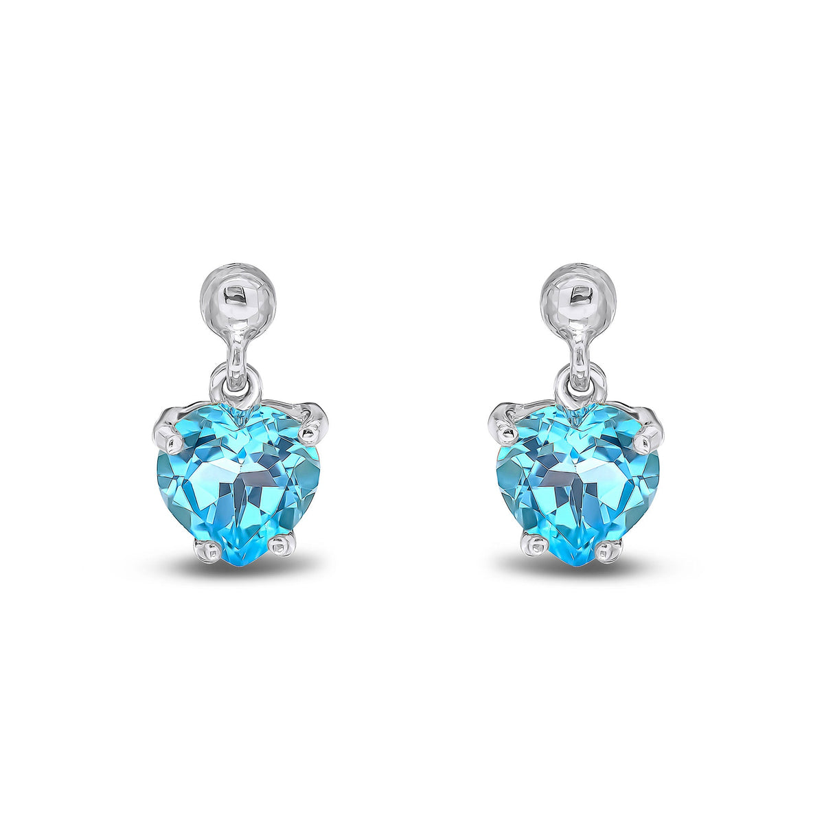9ct White Gold Heart Shaped Natural Swiss Blue Topaz Claw Drop Earrings with Bead Top — 6mm