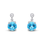 9ct White Gold Round Natural Swiss Blue Topaz Claw Drop Earrings with Bead Top — 6mm
