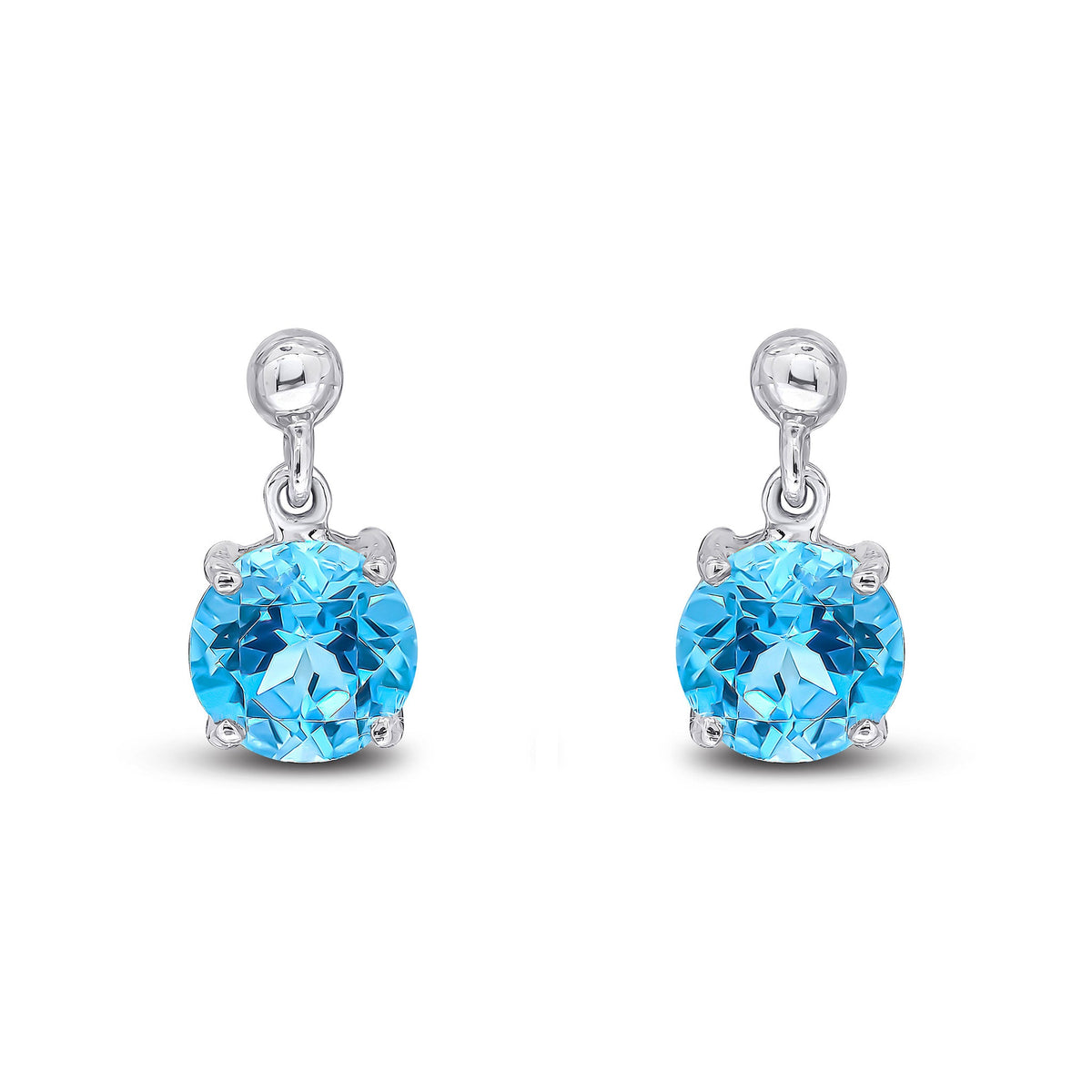 9ct White Gold Round Natural Swiss Blue Topaz Claw Drop Earrings with Bead Top — 6mm