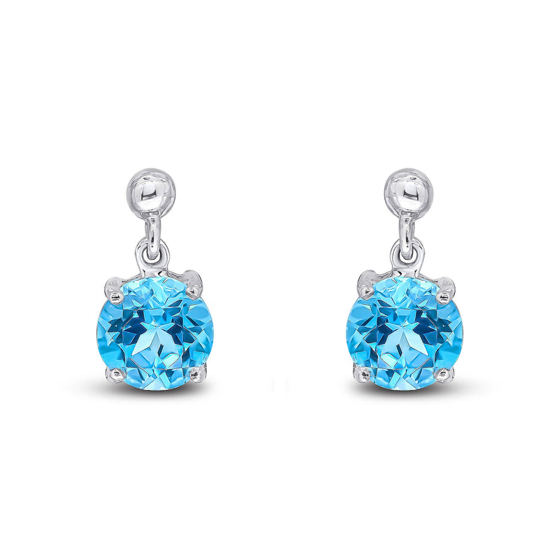 9ct White Gold Round Natural Swiss Blue Topaz Claw Drop Earrings with Bead Top — 6mm