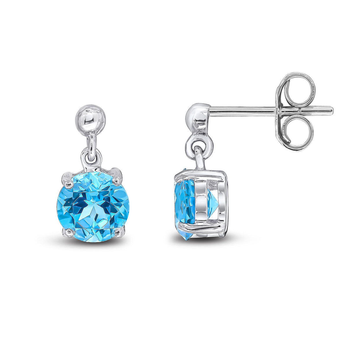 9ct White Gold Round Natural Swiss Blue Topaz Claw Drop Earrings with Bead Top — 6mm