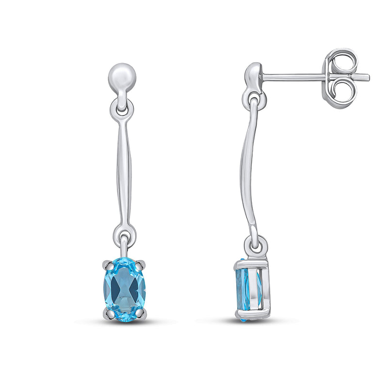 9ct White Gold Oval Natural Swiss Blue Topaz Claw Bar Drop Earrings — 6x4mm
