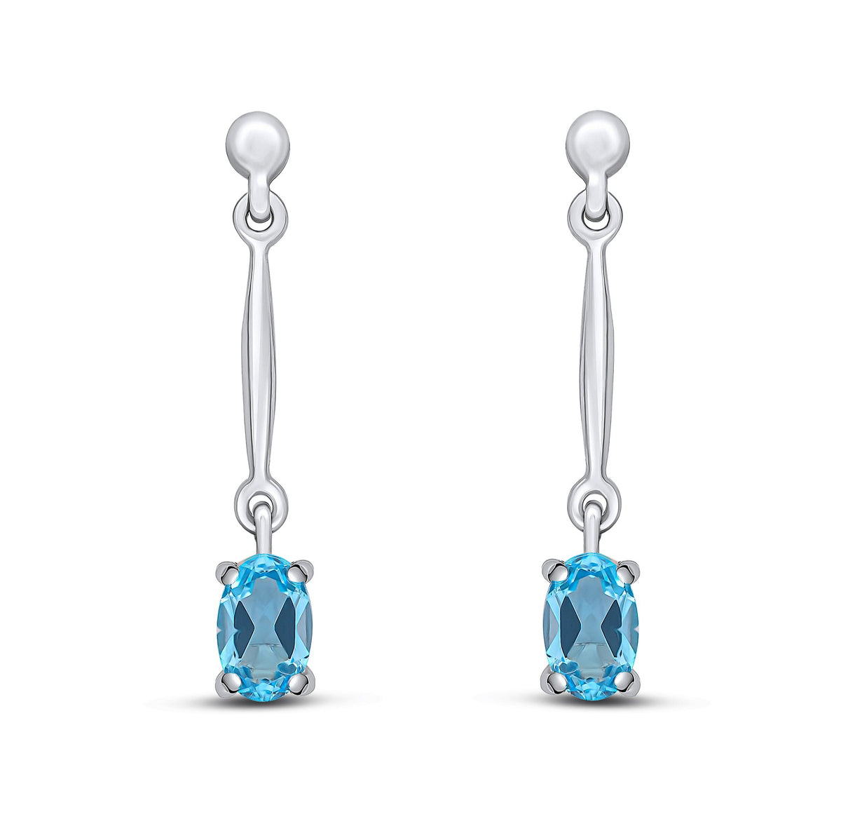 9ct White Gold Oval Natural Swiss Blue Topaz Claw Bar Drop Earrings — 6x4mm