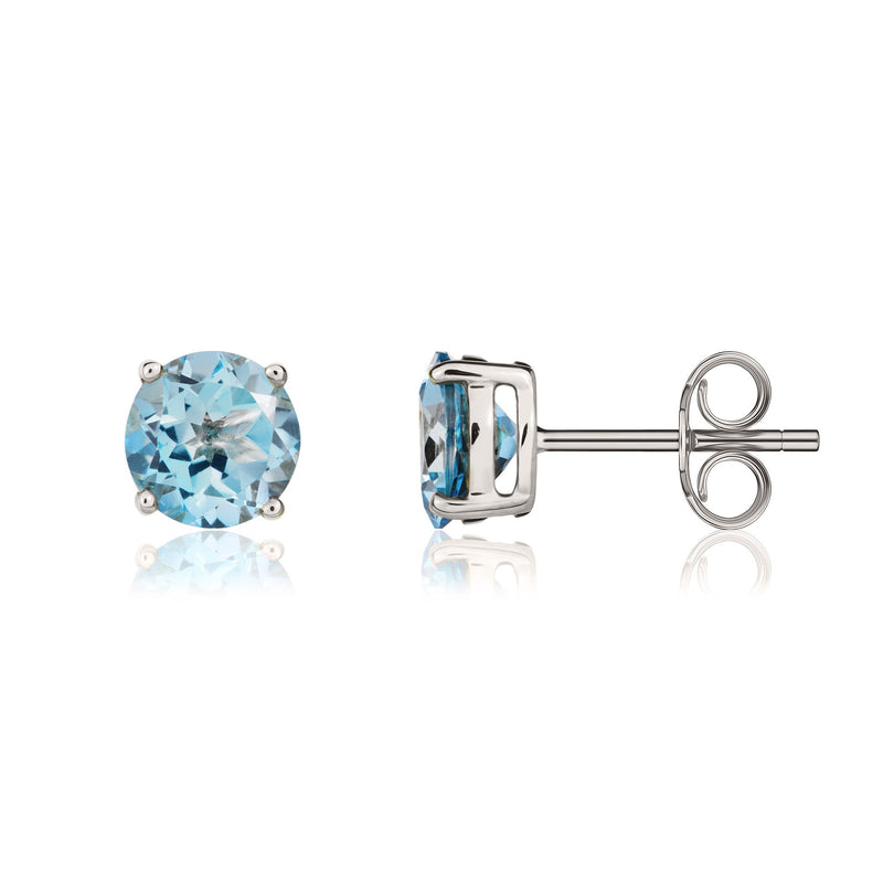 9ct White Gold Round Natural Swiss Blue Topaz Claw Stud Earrings — 7mm