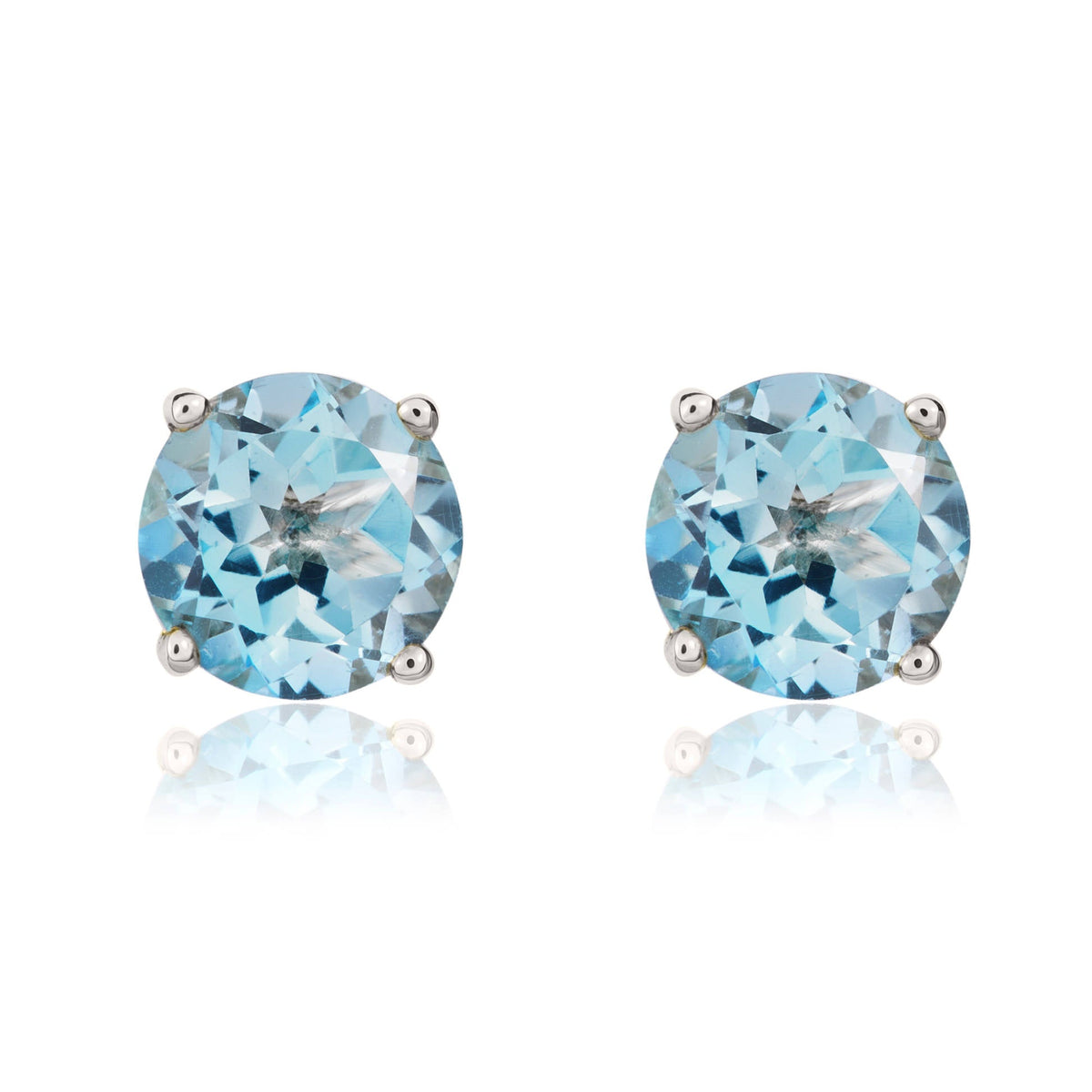 9ct White Gold Round Natural Swiss Blue Topaz Claw Stud Earrings — 7mm