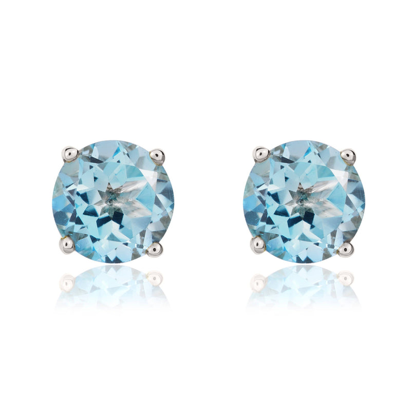 9ct White Gold Round Natural Swiss Blue Topaz Claw Stud Earrings — 7mm