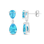 9ct White Gold Pear Shaped Natural Swiss Blue Topaz Two Stone Claw Drop Earrings — 9x6mm
