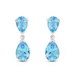 9ct White Gold Pear Shaped Natural Swiss Blue Topaz Two Stone Claw Drop Earrings — 9x6mm