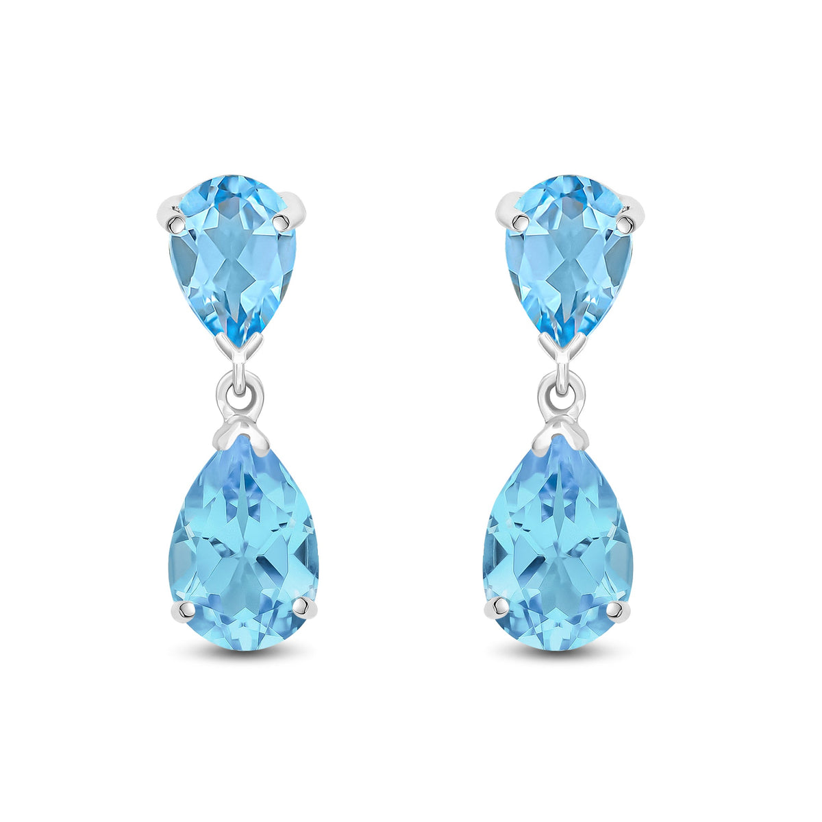 9ct White Gold Pear Shaped Natural Swiss Blue Topaz Two Stone Claw Drop Earrings — 9x6mm