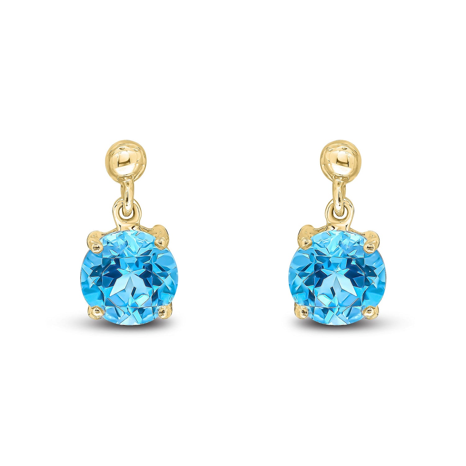 9ct Yellow Gold Round Natural Swiss Blue Topaz Claw Drop Earrings — 6mm