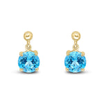 9ct Yellow Gold Round Natural Swiss Blue Topaz Claw Drop Earrings with Bead Top — 6mm