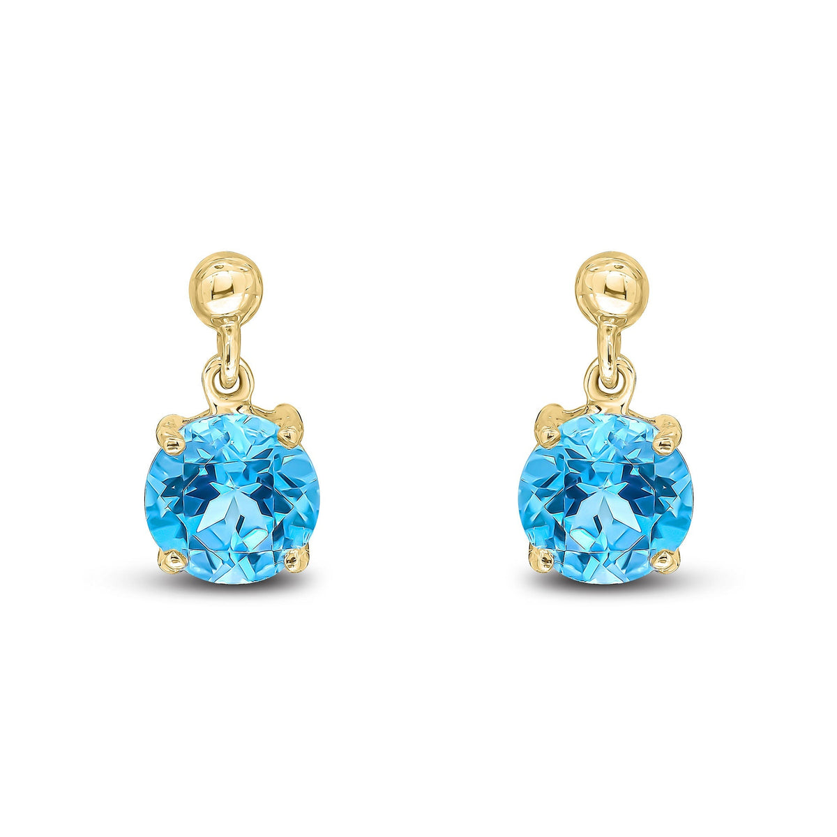 9ct Yellow Gold Round Natural Swiss Blue Topaz Claw Drop Earrings with Bead Top — 6mm