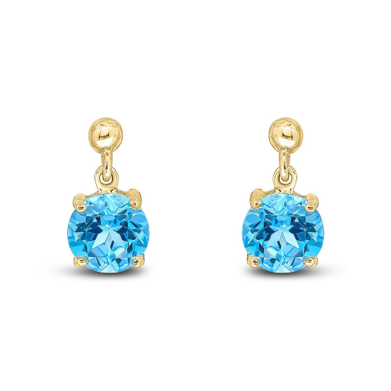 9ct Yellow Gold Round Natural Swiss Blue Topaz Claw Drop Earrings with Bead Top — 6mm