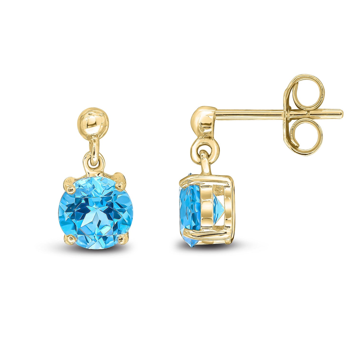 9ct Yellow Gold Round Natural Swiss Blue Topaz Claw Drop Earrings — 6mm
