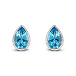 9ct White Gold Pear Shaped Natural Swiss Blue Topaz Rubover Stud Earrings — 9x6mm