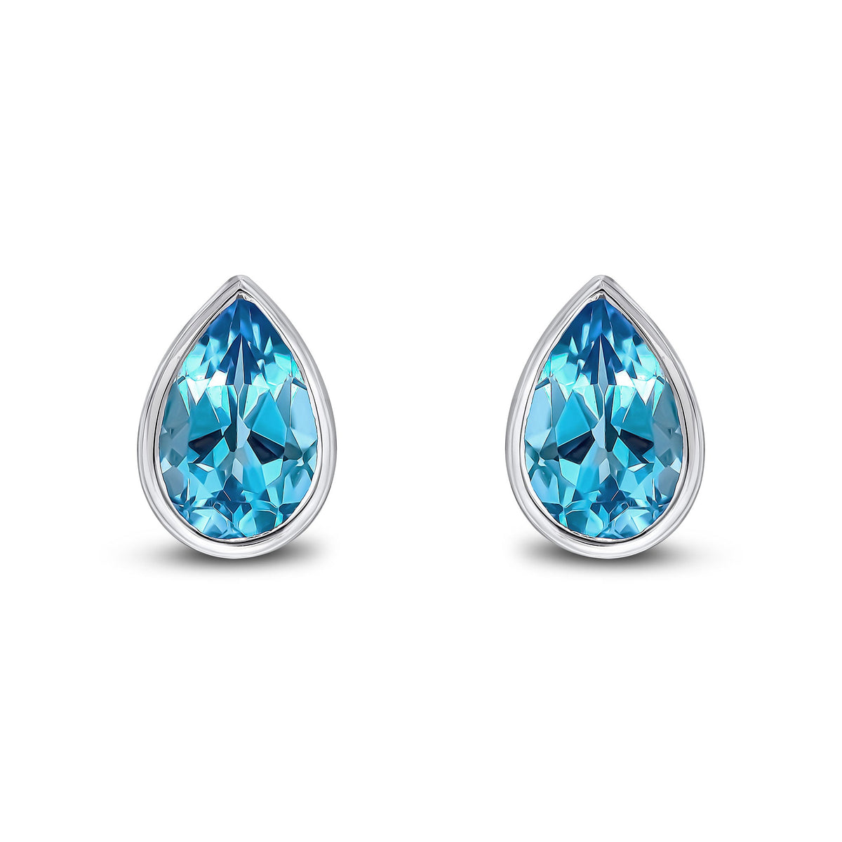 9ct White Gold Pear Shaped Natural Swiss Blue Topaz Rubover Stud Earrings — 9x6mm
