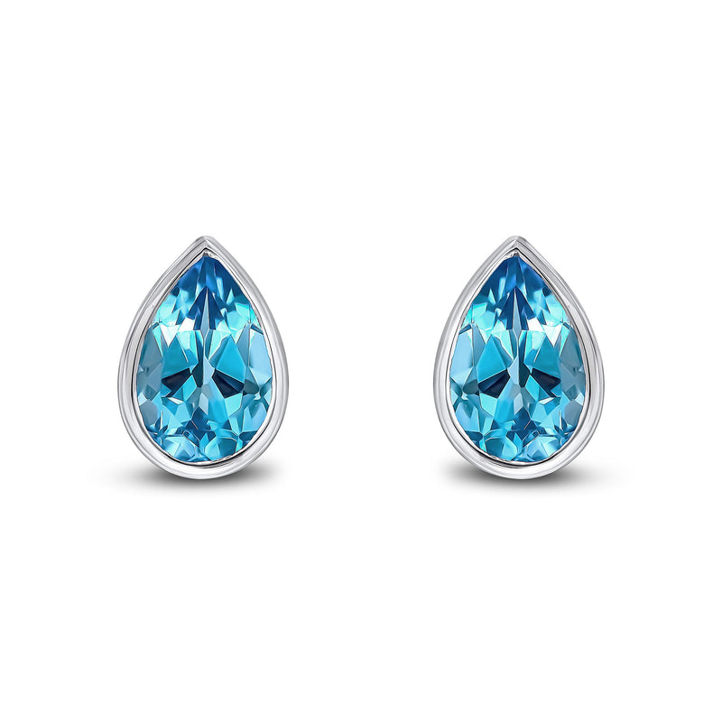 9ct White Gold Pear Shaped Natural Swiss Blue Topaz Rubover Stud Earrings — 9x6mm