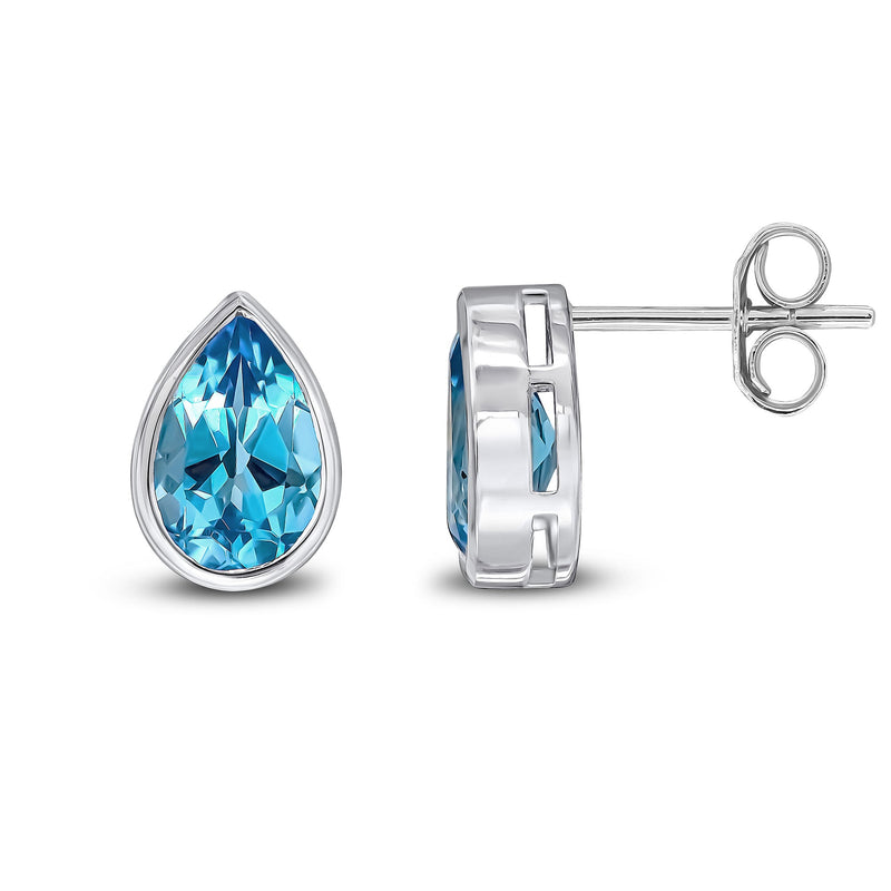 9ct White Gold Pear Shaped Natural Swiss Blue Topaz Rubover Stud Earrings — 9x6mm