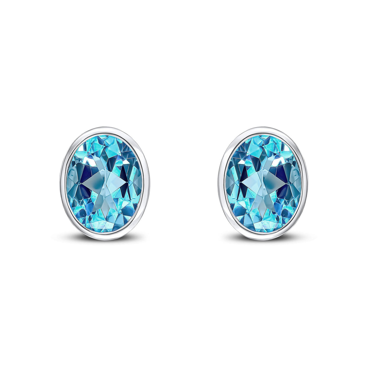 9ct White Gold Oval Natural Swiss Blue Topaz Rubover Stud Earrings — 9x7mm