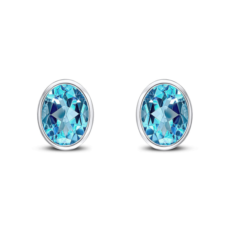 9ct White Gold Oval Natural Swiss Blue Topaz Rubover Stud Earrings — 9x7mm