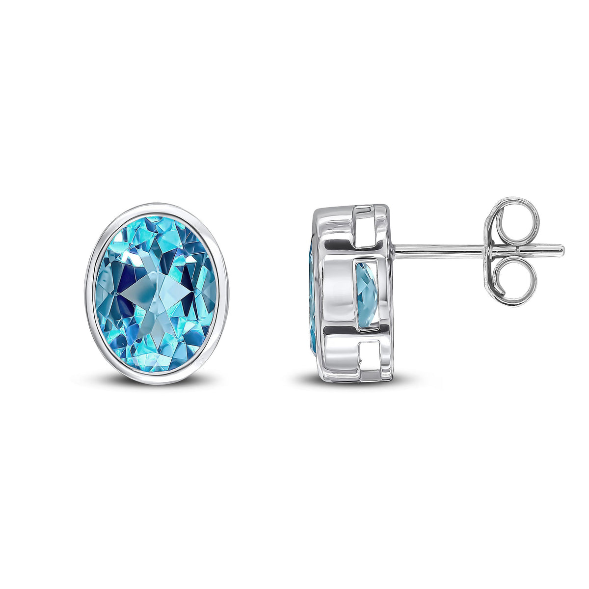 9ct White Gold Oval Natural Swiss Blue Topaz Rubover Stud Earrings — 9x7mm