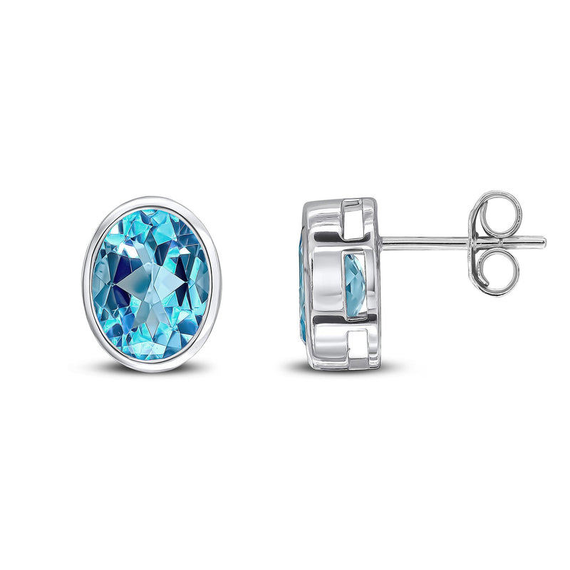 9ct White Gold Oval Natural Swiss Blue Topaz Rubover Stud Earrings — 9x7mm