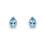 9ct White Gold Pear Shaped Natural Swiss Blue Topaz Rubover Stud Earrings — 6x4mm