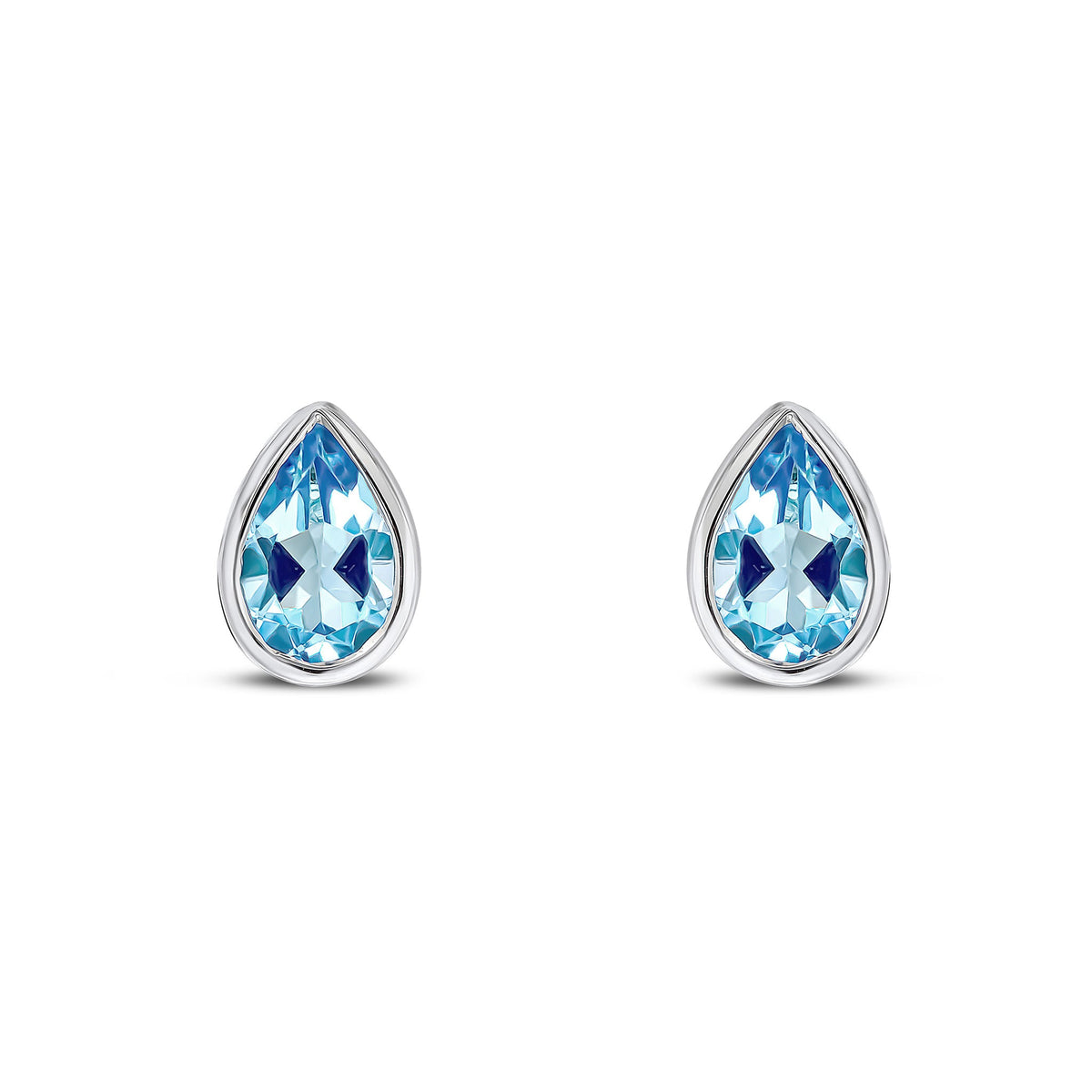 9ct White Gold Pear Shaped Natural Swiss Blue Topaz Rubover Stud Earrings — 6x4mm