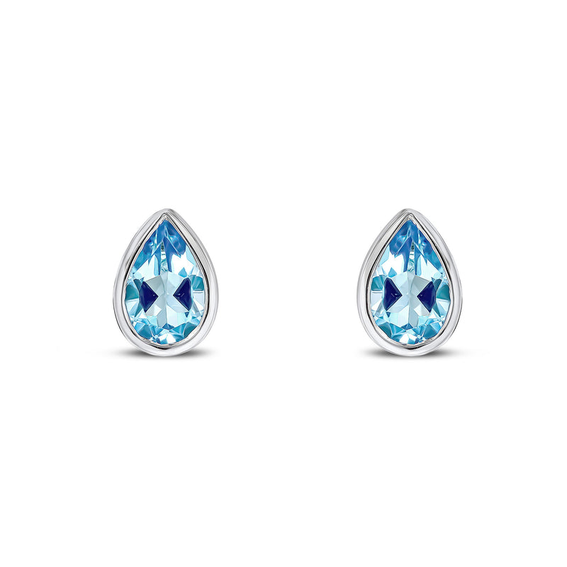 9ct White Gold Pear Shaped Natural Swiss Blue Topaz Rubover Stud Earrings — 6x4mm
