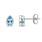 9ct White Gold Pear Shaped Natural Swiss Blue Topaz Rubover Stud Earrings — 6x4mm