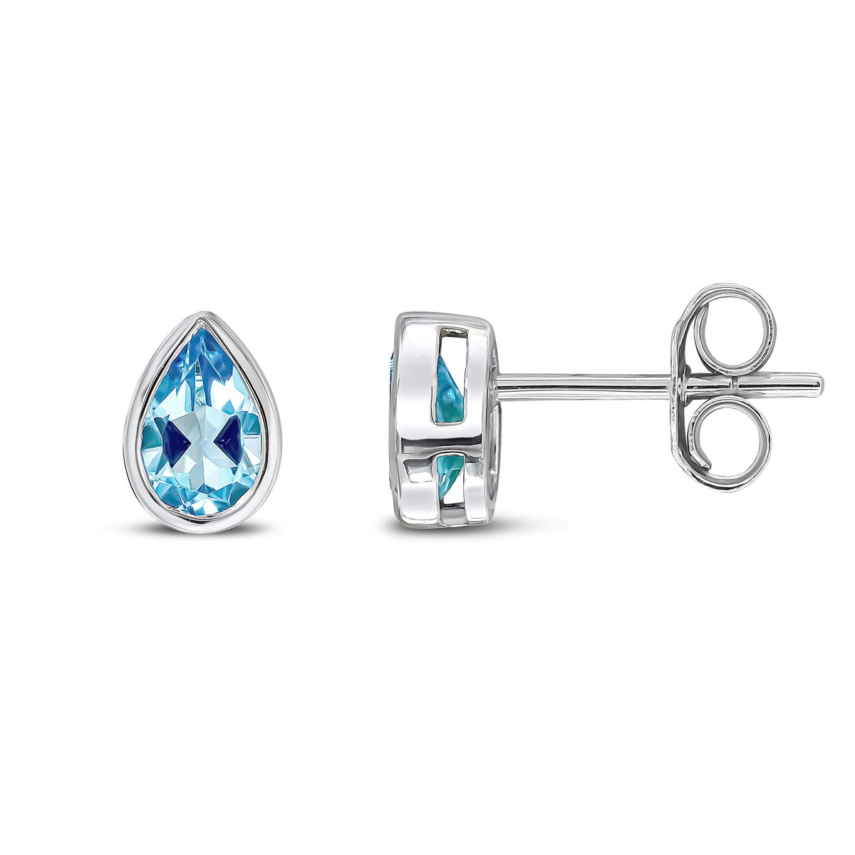 9ct White Gold Pear Shaped Natural Swiss Blue Topaz Rubover Stud Earrings — 6x4mm